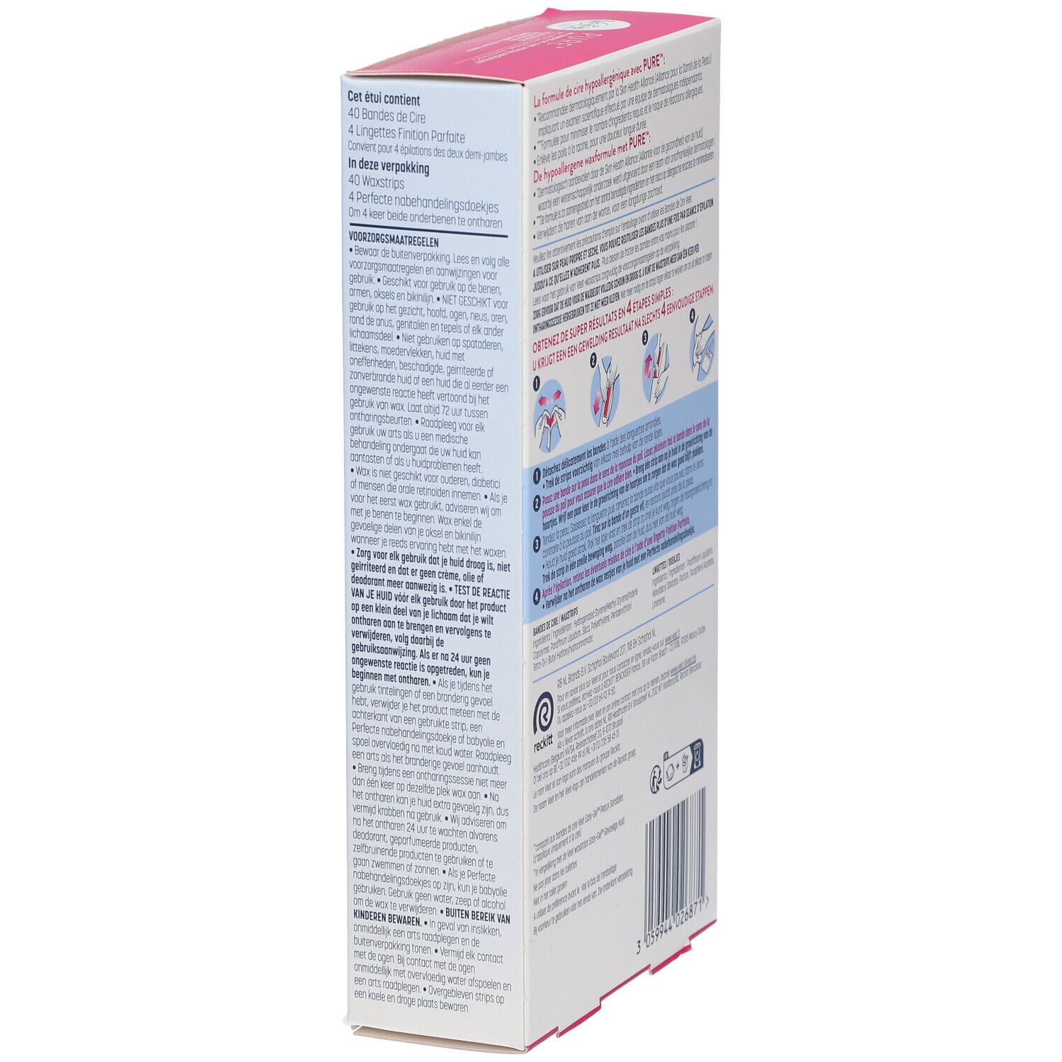 Vue latérale de la boîte Veet Pure Bandes de Cire Froid. Informations textuelles et instructions d'utilisation. Fond blanc.