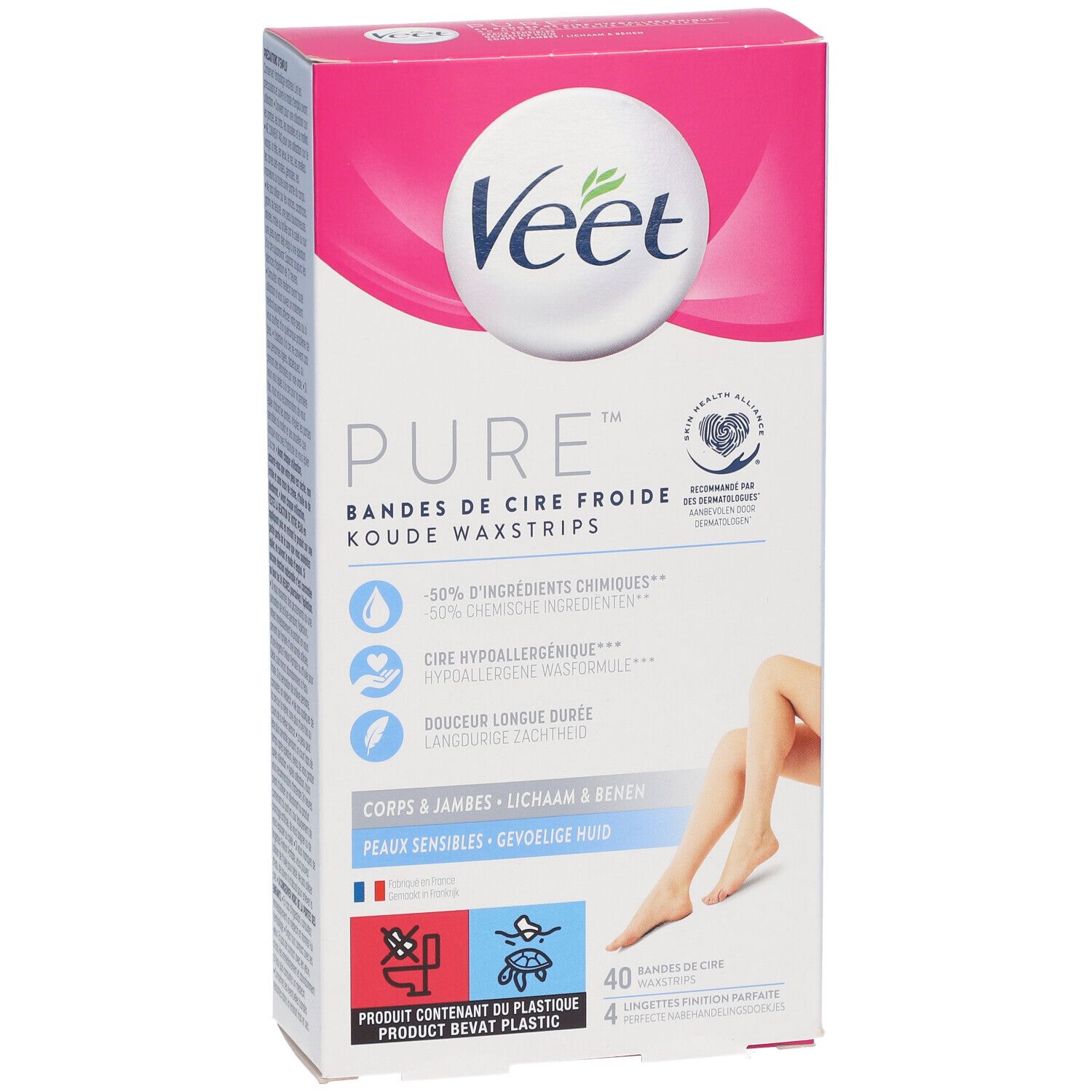 Boîte Veet Pure Bandes de Cire Froid. Emballage rose et blanc avec informations produit et illustration de jambes. 40 bandes de cire.