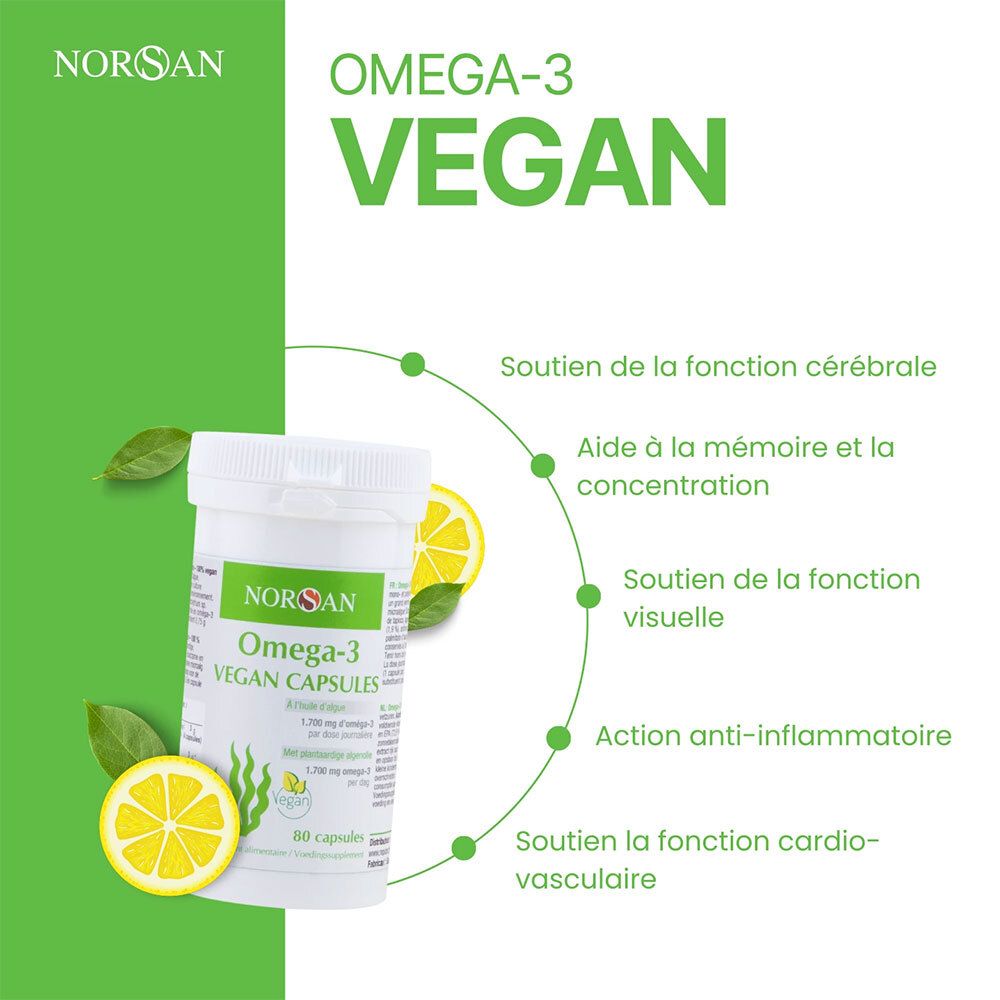 Boîte blanche avec étiquette verte. Texte : NORSAN Omega-3 Vegan Capsules. Image de citron et feuilles. Avantages d'Omega-3.