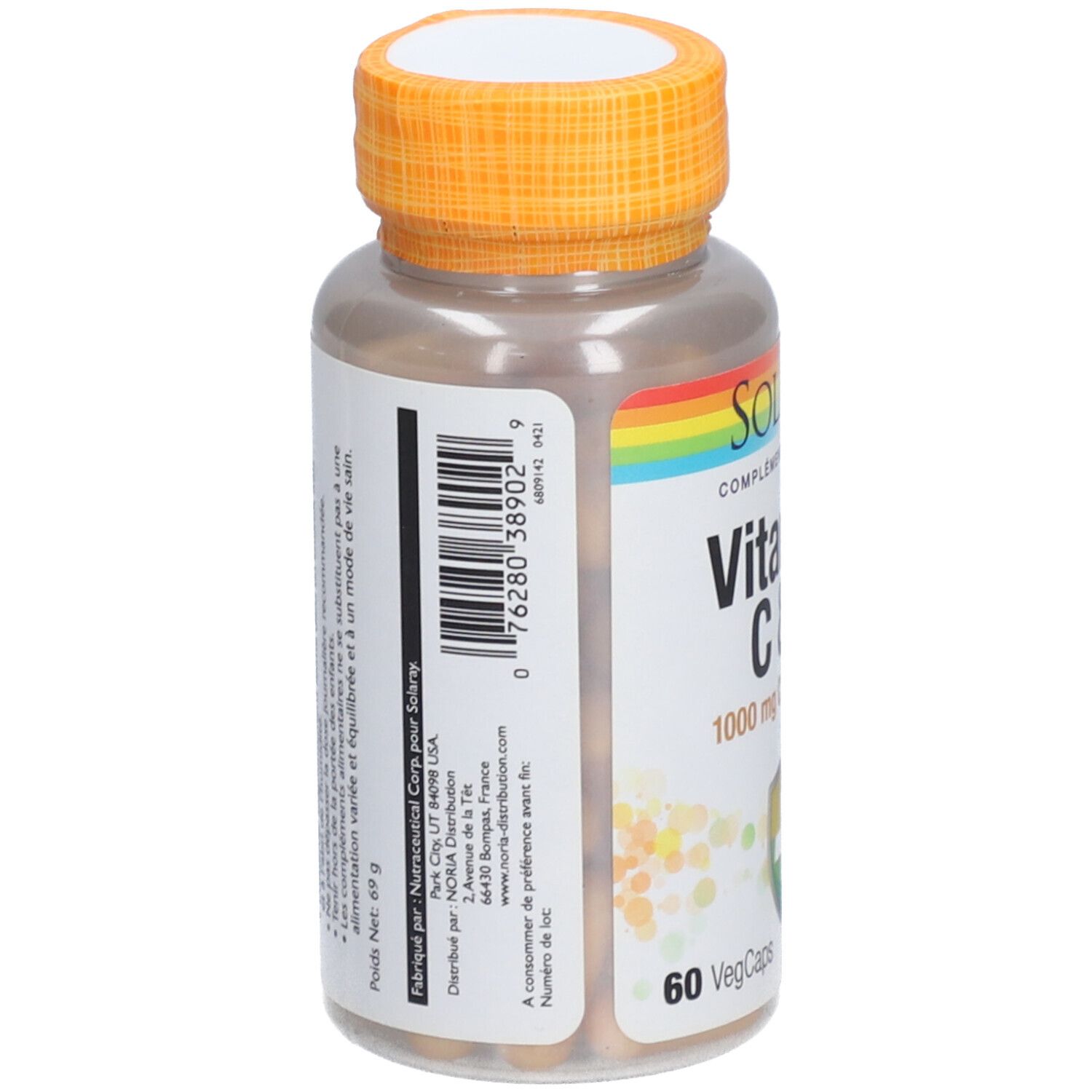 Dos du flacon. Inscription: Solaray, Vitamine C & D. Code-barres et coordonnées.