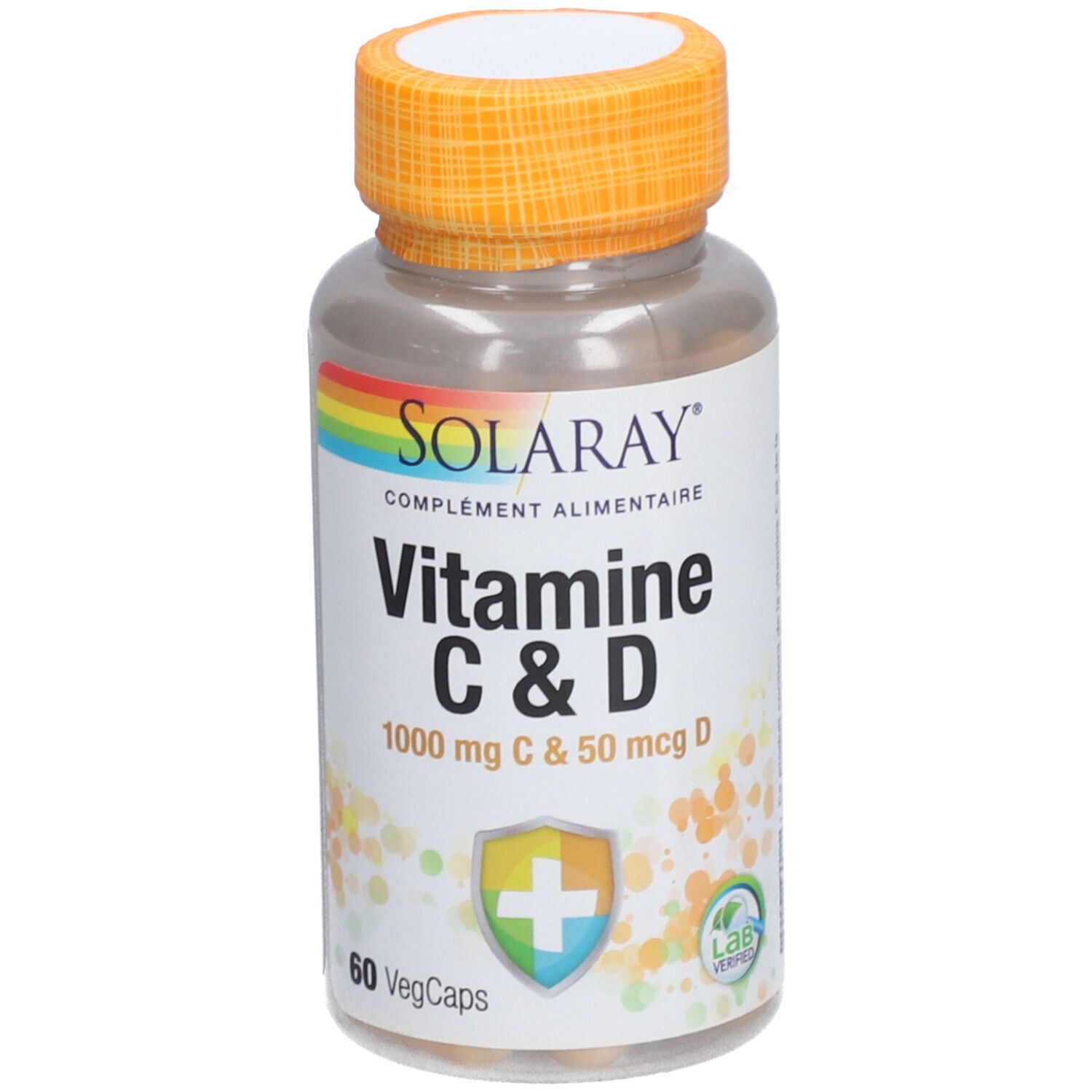 Flacon transparent, bouchon orange. Inscription: Solaray Vitamine C & D, 60 VegCaps. Logo.