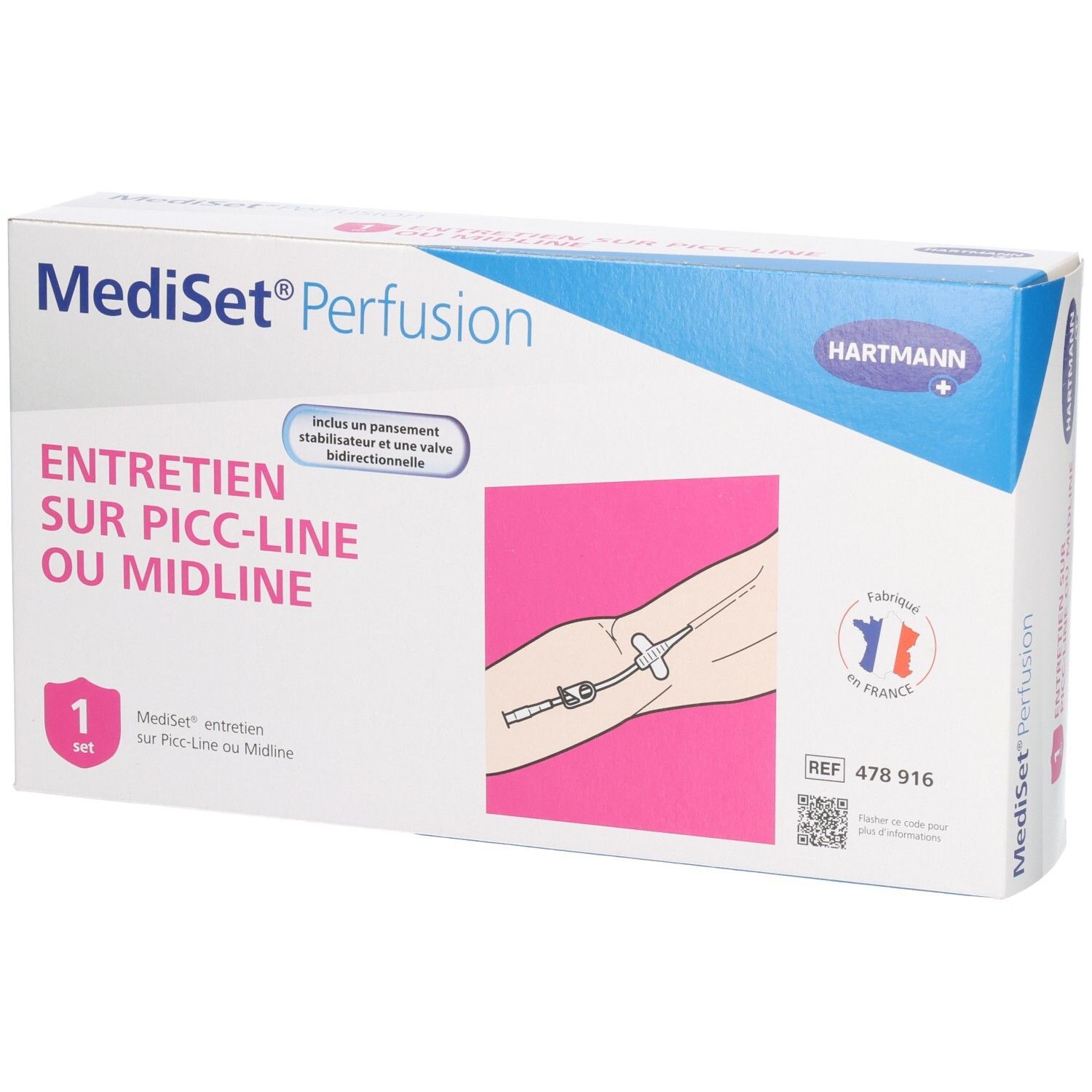 Boîte Mediset Perfusion. Set d'entretien pour PICC-Line ou Midline. Marque Hartmann. Illustration.