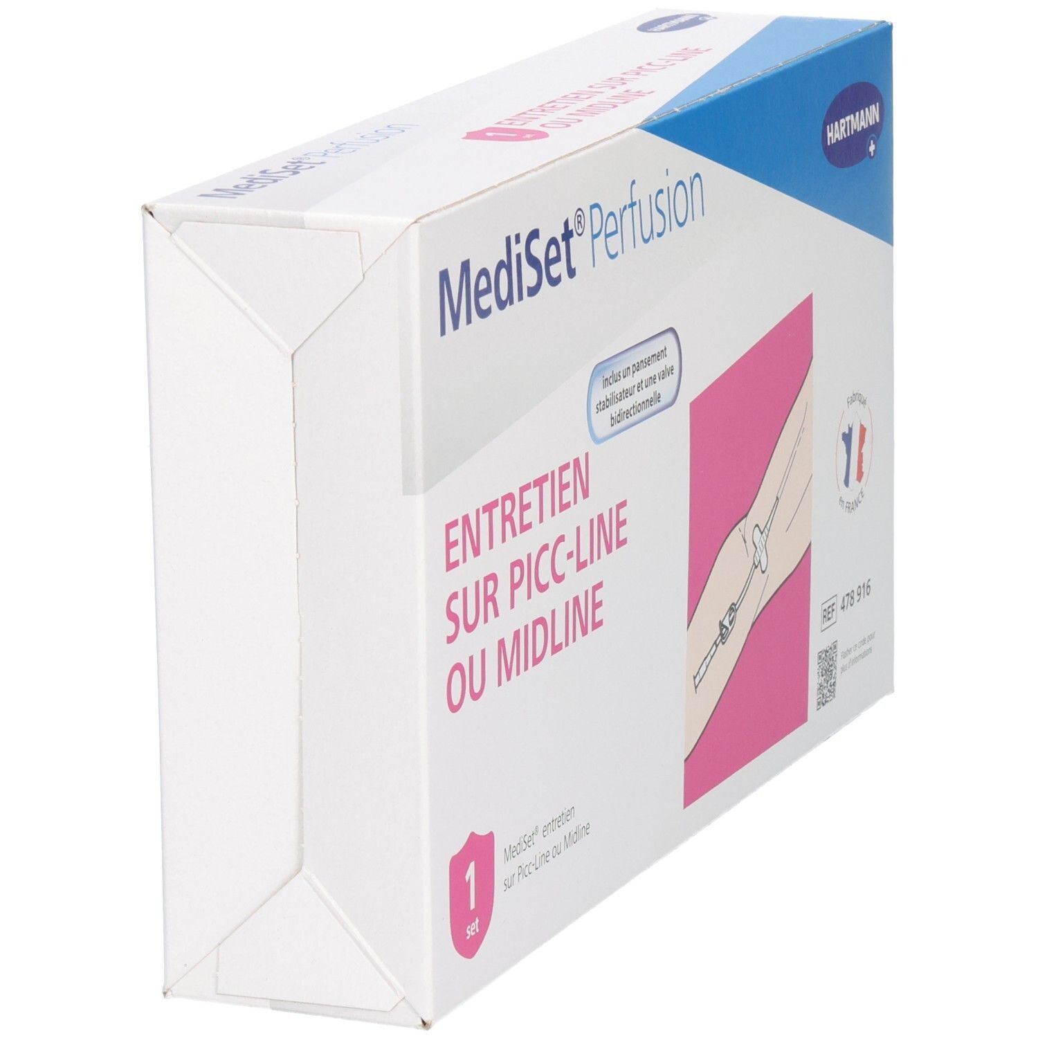 Boîte Mediset Perfusion en biais. Set PICC-Line ou Midline. Marque Hartmann. Blanc et bleu.