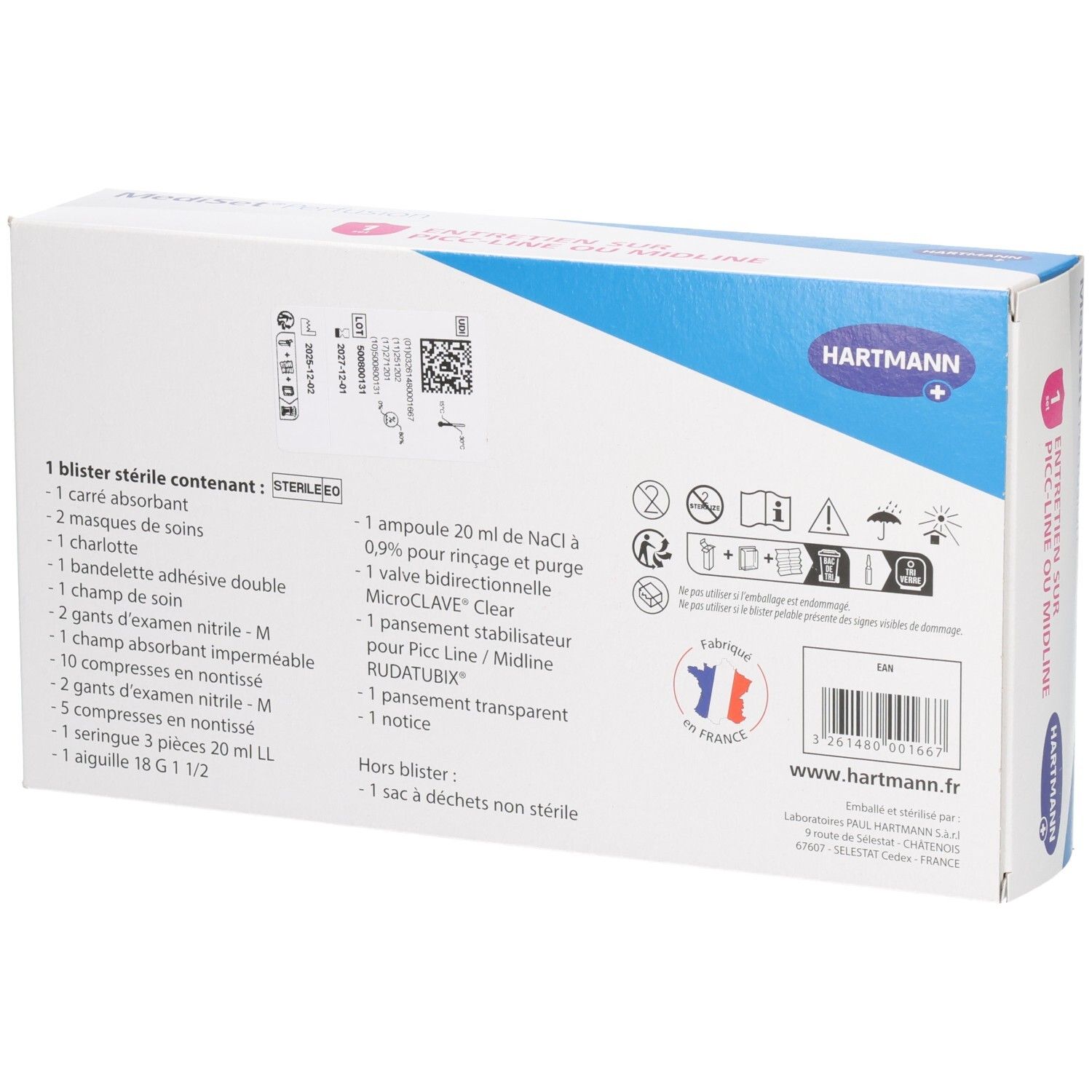 Dos de la boîte Mediset Perfusion. Set stérile. Liste des composants. Marque Hartmann. QR code.