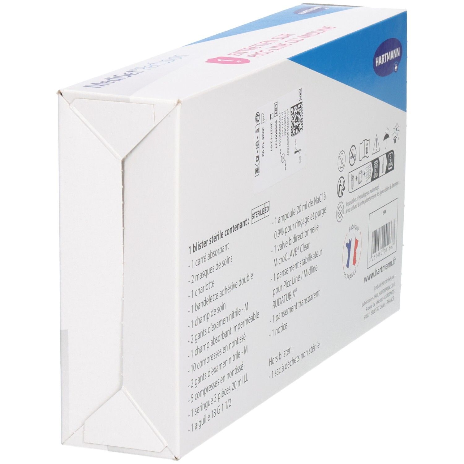 Boîte Mediset Perfusion en biais, dos. Set stérile. Marque Hartmann. QR code.