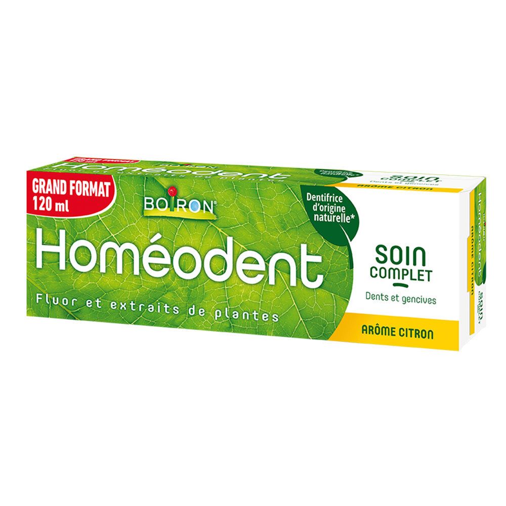 Emballage de dentifrice Homéodent. Inscription et logo. Grand format 120 ml. Arôme citron. Soin complet dents et gencives.