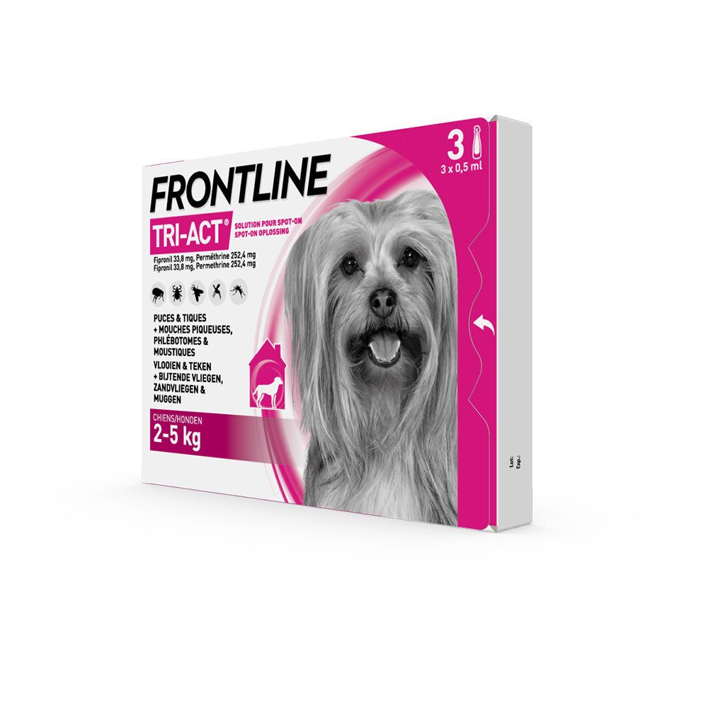 Boîte Frontline Tri-Act. Rose et blanc, nom du produit, photo de chien et informations.