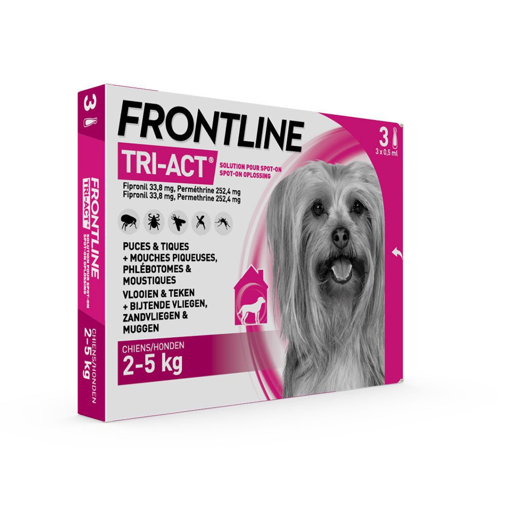 Boîte Frontline Tri-Act. Rose et blanc, nom du produit, photo de chien et informations.