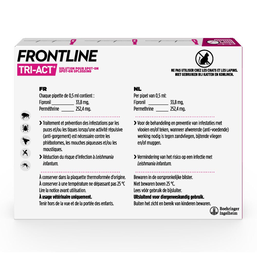 Dos de la boîte Frontline Tri-Act. Informations textuelles en français et néerlandais.