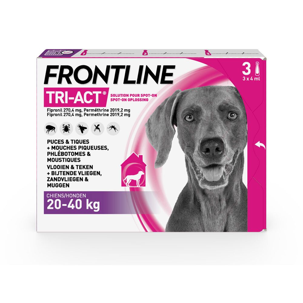 Boîte FRONTLINE TRI-ACT, chien 20-40 kg. Contient 3 pipettes. Design rose et blanc avec photo de chien.