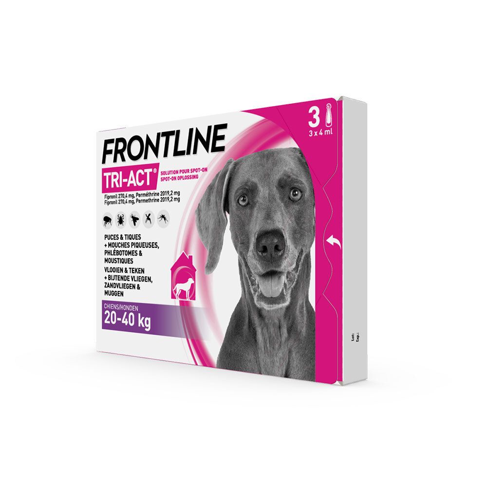 Boîte FRONTLINE TRI-ACT, chien 20-40 kg. Contient 3 pipettes. Design rose et blanc avec photo de chien.