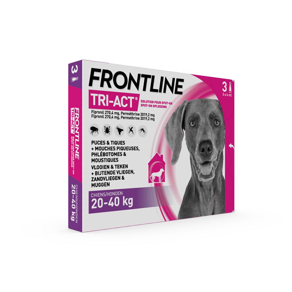 Boîte FRONTLINE TRI-ACT, chien 20-40 kg. Contient 3 pipettes. Design rose et blanc avec photo de chien.