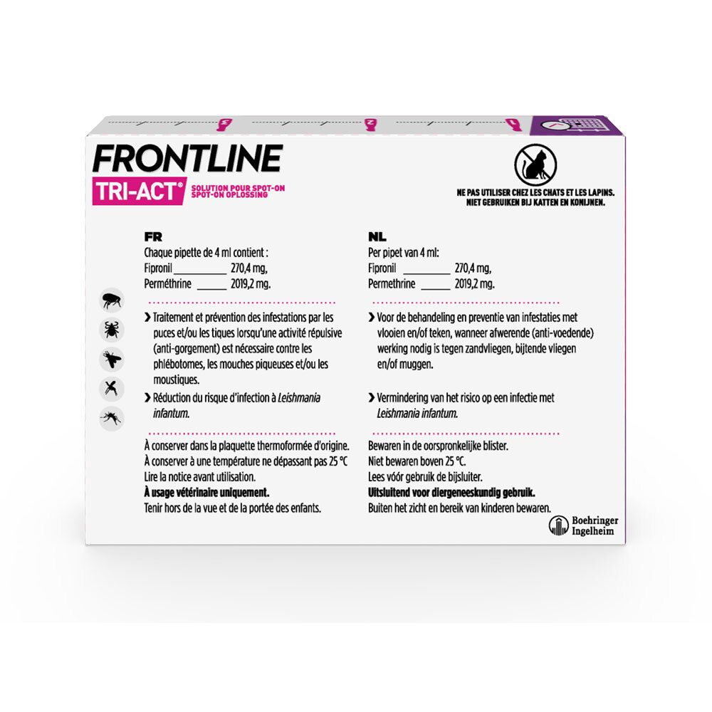 Dos de la boîte FRONTLINE TRI-ACT. Texte en français et néerlandais. Illustrations.