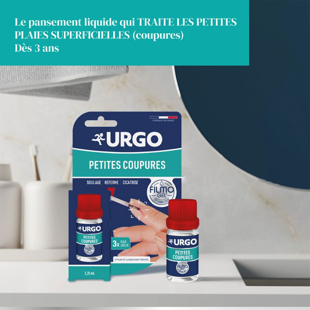 URGO Filmogel® Petites coupures. Flacon et emballage. Sur un lavabo. Produit et applicateur.