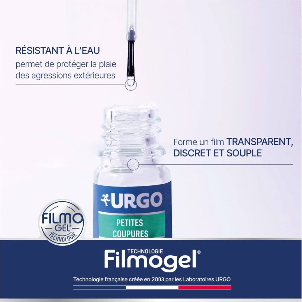 URGO Filmogel® Petites coupures. Flacon avec applicateur. Film transparent. Résistant à l'eau. Technologie Filmogel®.