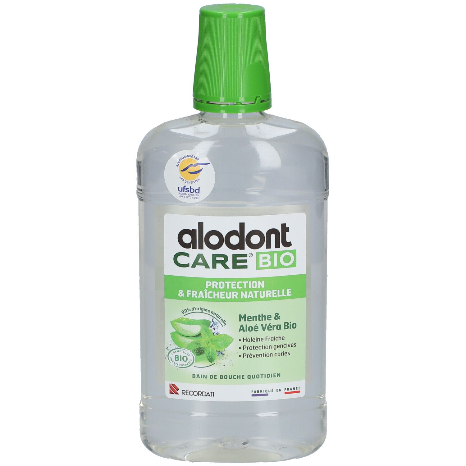 Flacon transparent, bouchon vert. Étiquette avec nom du produit, aloe vera et menthe. Label UFSBD.