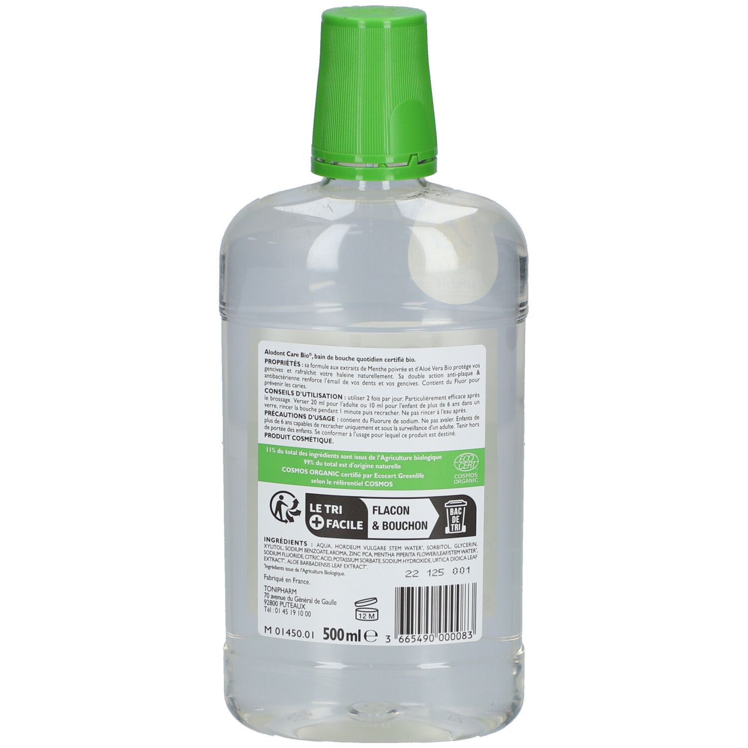 Dos du flacon. Étiquette avec informations produit, ingrédients et mode d'emploi. 500ml.