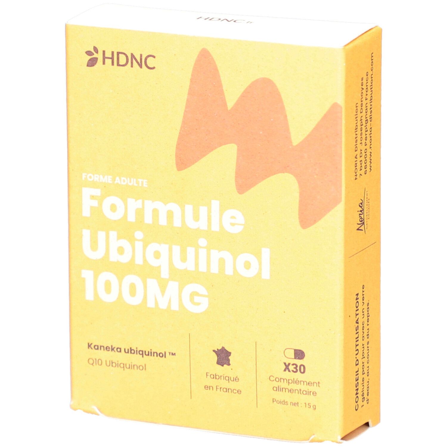 Boîte jaune HDNC. Inscription: Formule Ubiquinol 100MG. Contient 30 gélules. Fabriqué en France.