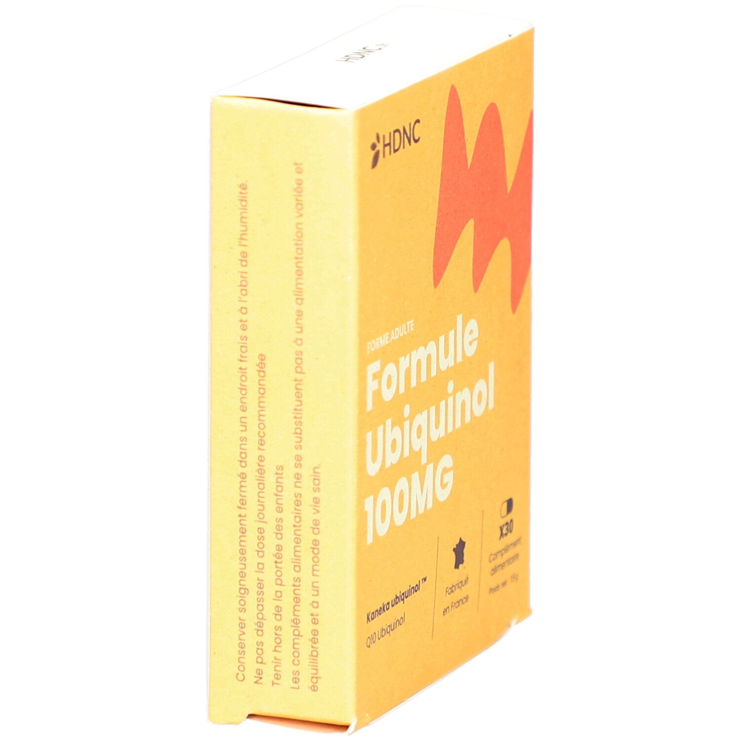 Boîte jaune HDNC. Inscription: Formule Ubiquinol 100MG. Fabriqué en France. Vue latérale.
