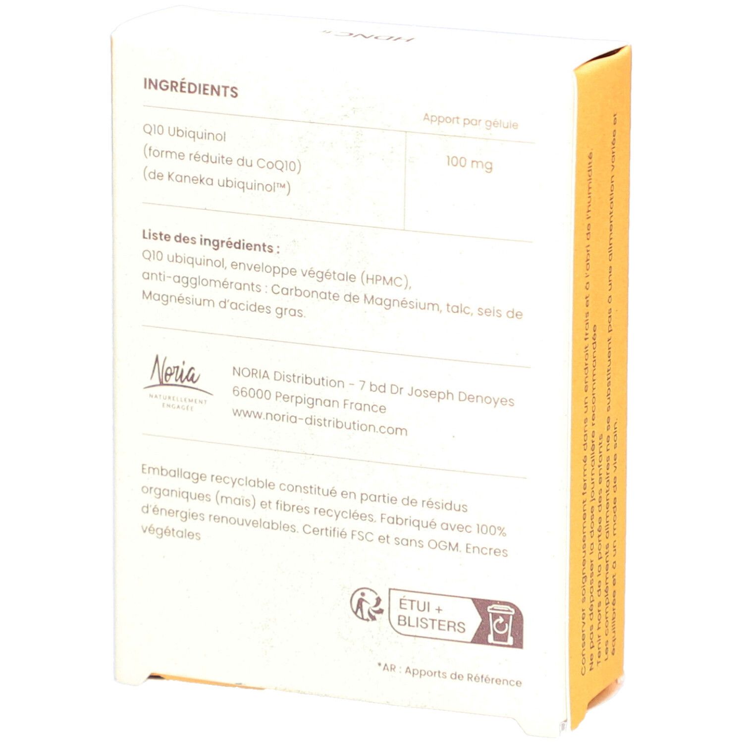 Dos de la boîte jaune. Contient les ingrédients et les informations du fabricant. Certification FSC.