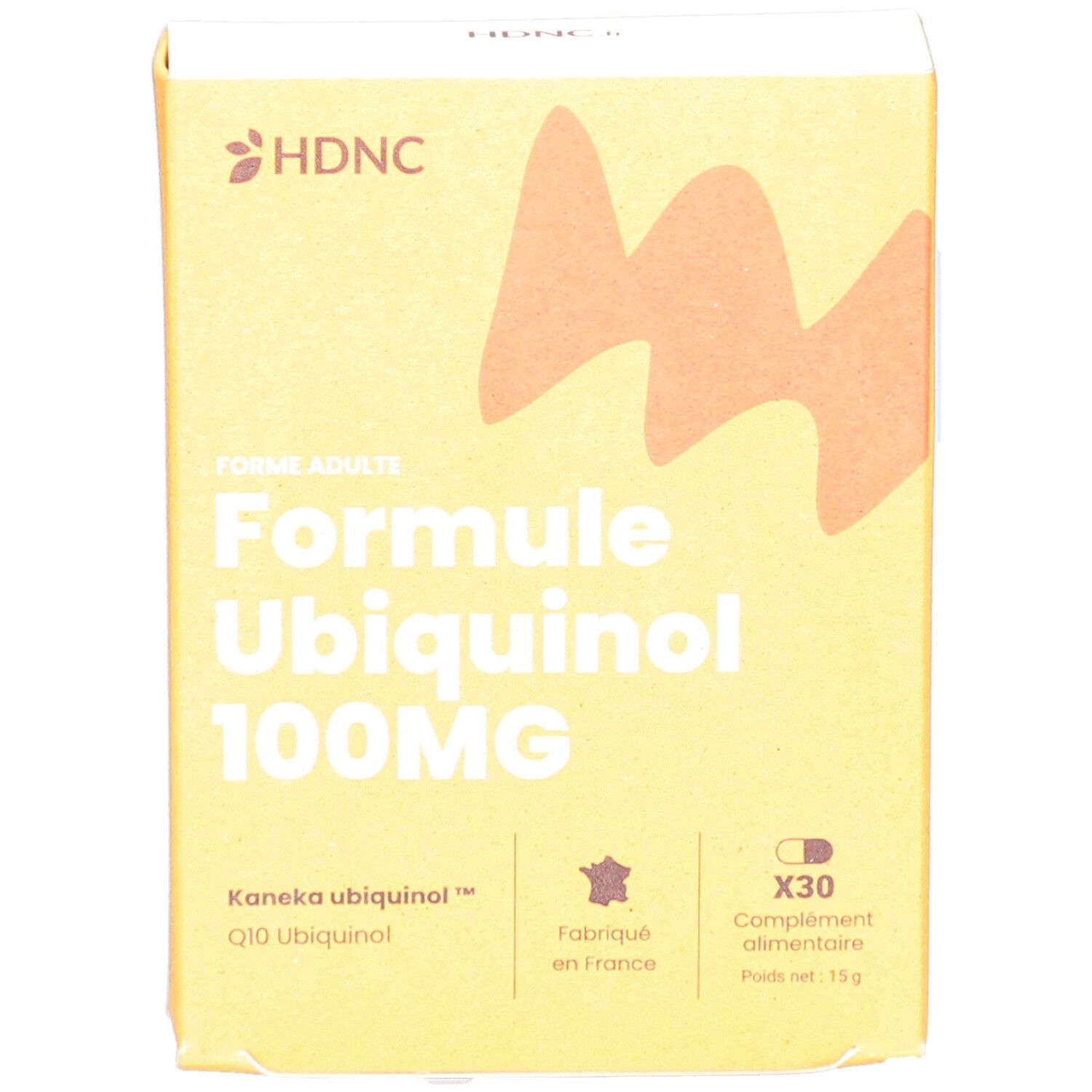 Boîte jaune HDNC. Inscription: Formule Ubiquinol 100MG. Contient 30 gélules. Fabriqué en France.