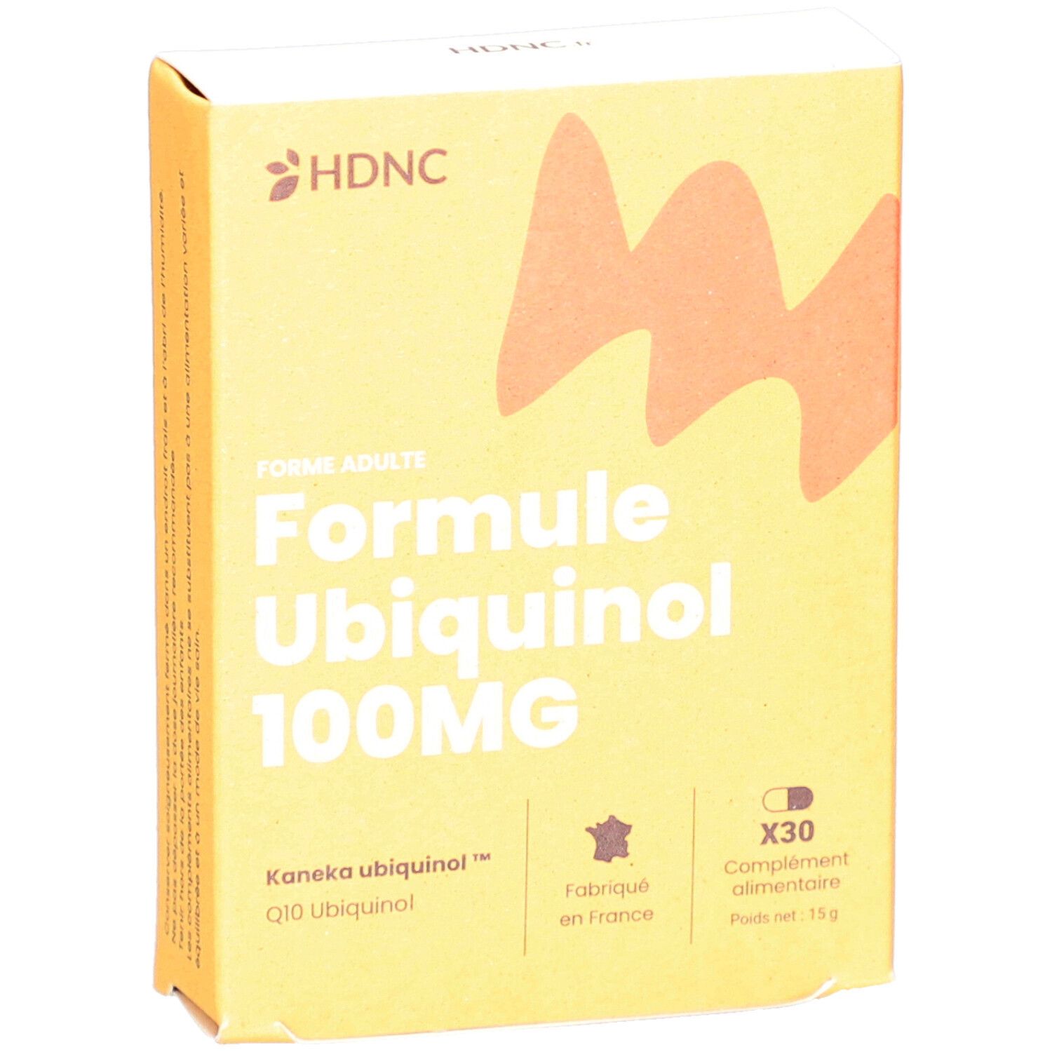 Boîte jaune HDNC. Inscription: Formule Ubiquinol 100MG. Contient 30 gélules. Fabriqué en France.