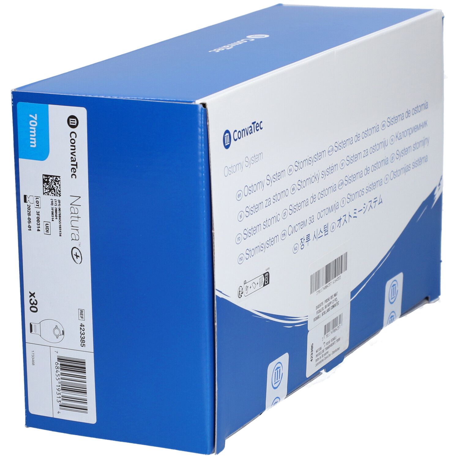 Emballage bleu et blanc. Texte: Convatec, Natura, 70mm, x30. Code-barres et informations produit.