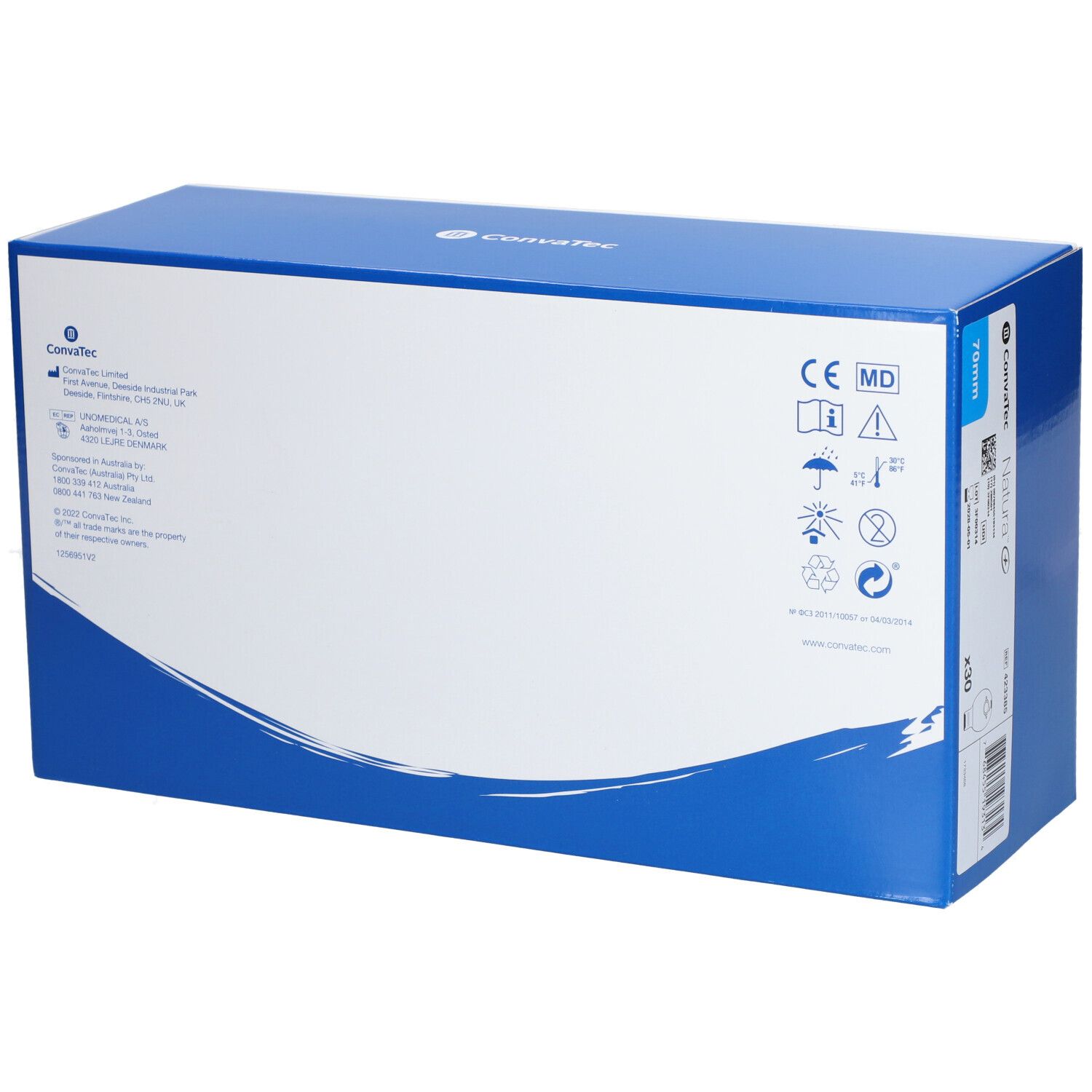 Emballage bleu et blanc. Texte: Convatec, marquage CE, symboles. Informations produit et adresse.