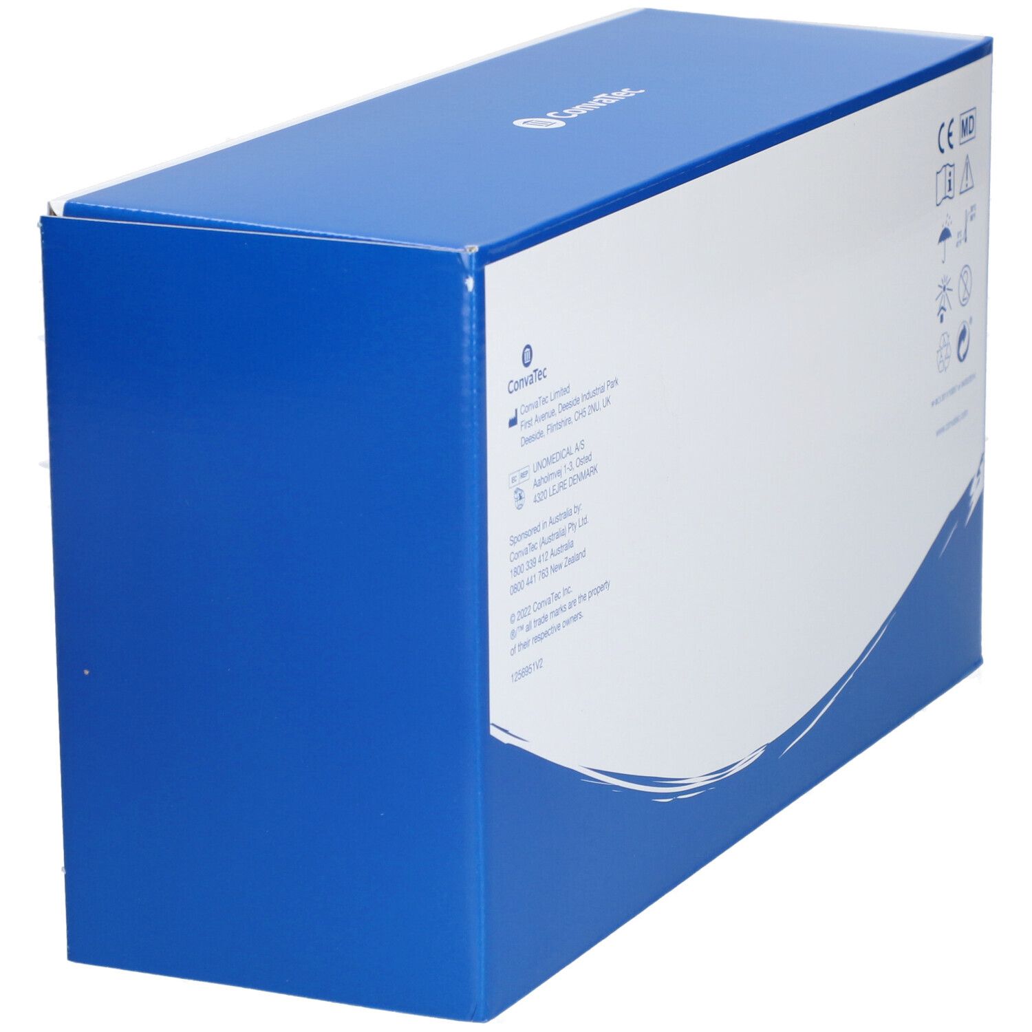 Emballage bleu et blanc. Texte: Convatec, informations produit et adresse. Marquage CE.