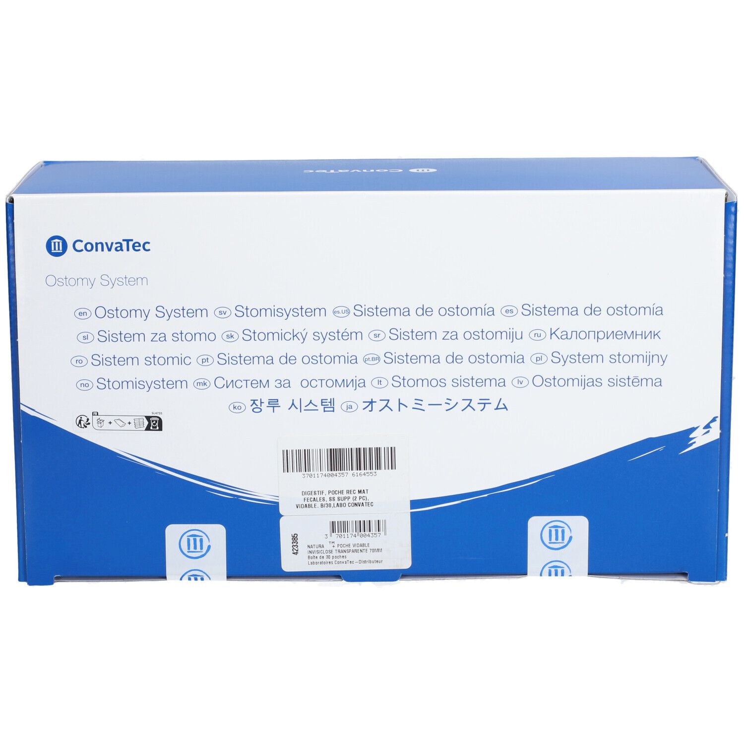 Emballage bleu et blanc. Texte: Convatec, Système de stomie en plusieurs langues. Code-barres et informations produit.