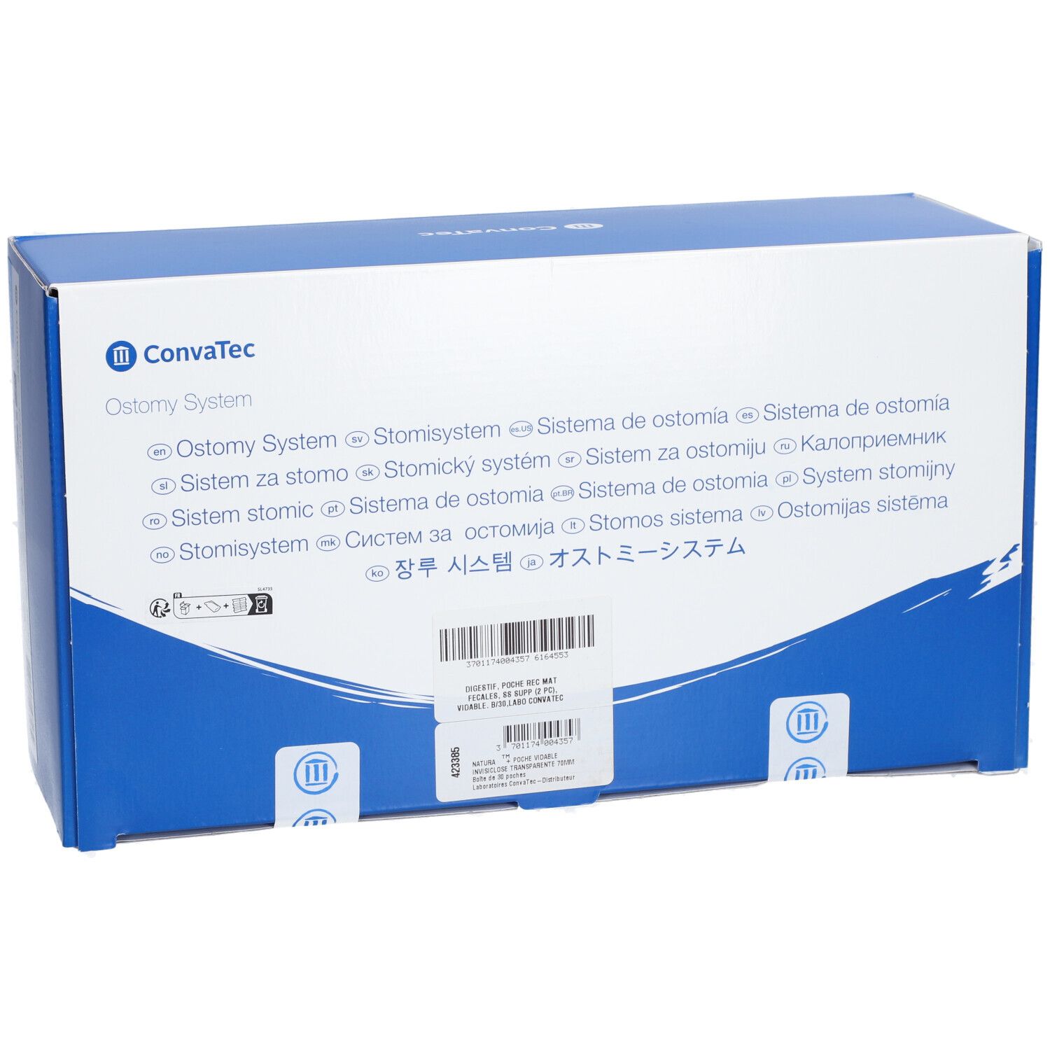 Emballage bleu et blanc. Texte: Convatec, Système de stomie en plusieurs langues. Code-barres et informations produit.