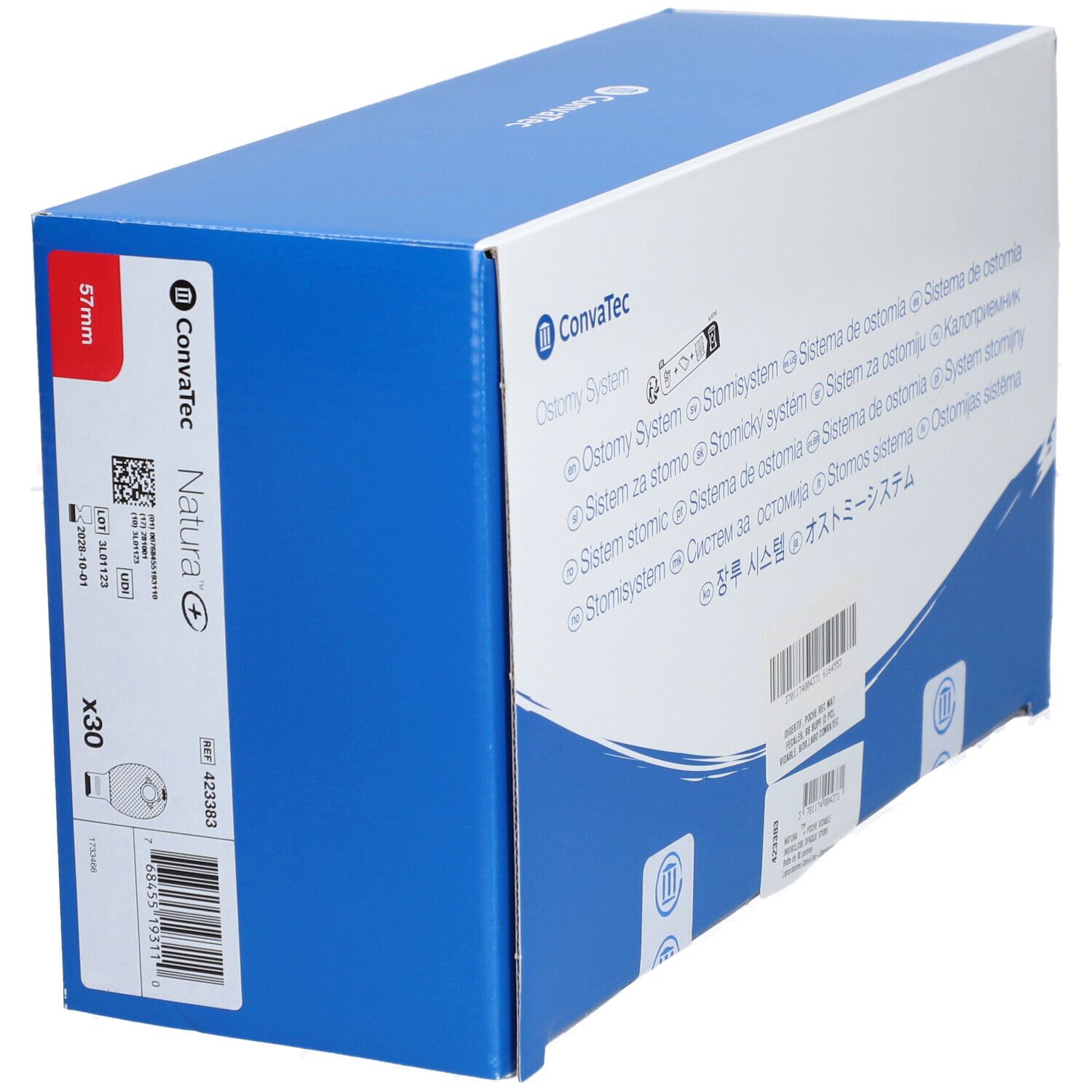 Emballage bleu avec autocollant rouge. Inscription : Convatec, Natura. Désignations multilingues du produit. Code-barres et étiquettes.