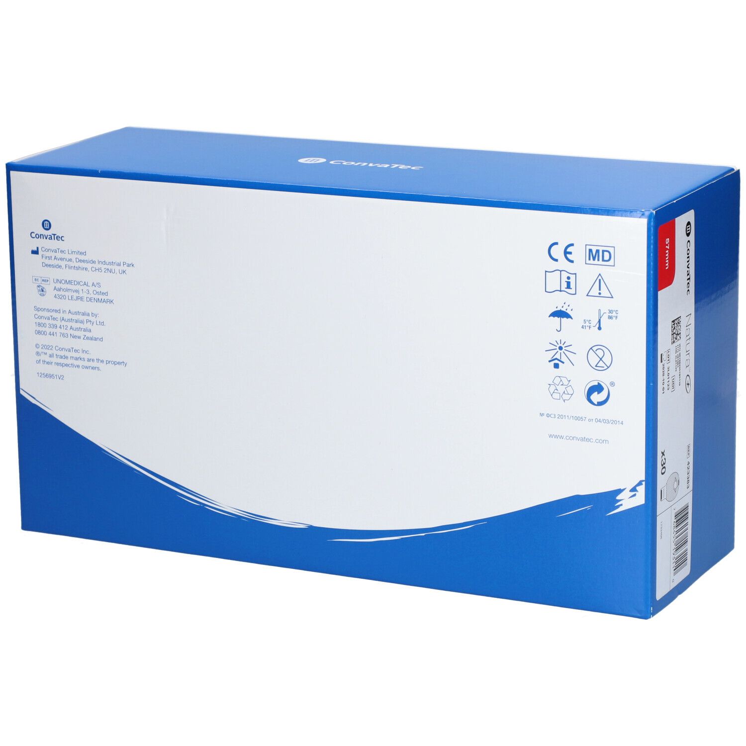 Emballage bleu. Inscription : Convatec. Marquage CE et pictogrammes. Désignations multilingues du produit. Code-barres et étiquettes.