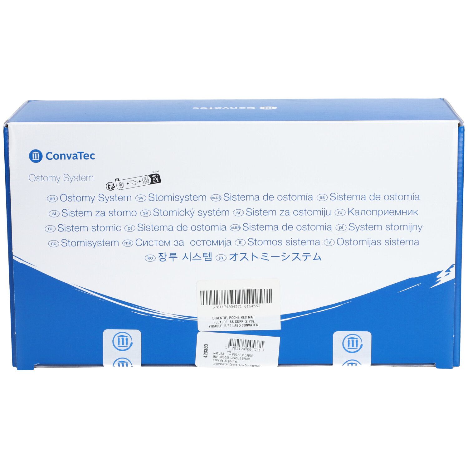 Emballage bleu. Inscription : Convatec, Ostomy System. Désignations multilingues du produit. Code-barres et étiquettes.