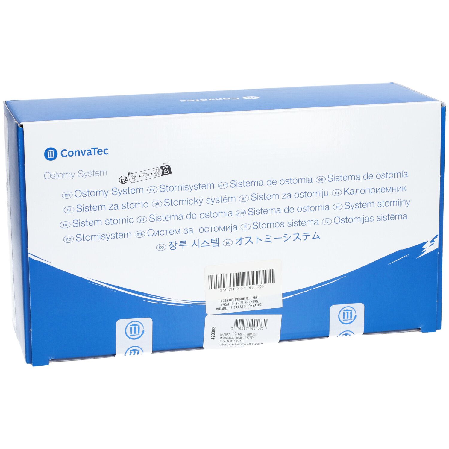 Emballage bleu. Inscription : Convatec, Ostomy System. Désignations multilingues du produit. Code-barres et étiquettes.