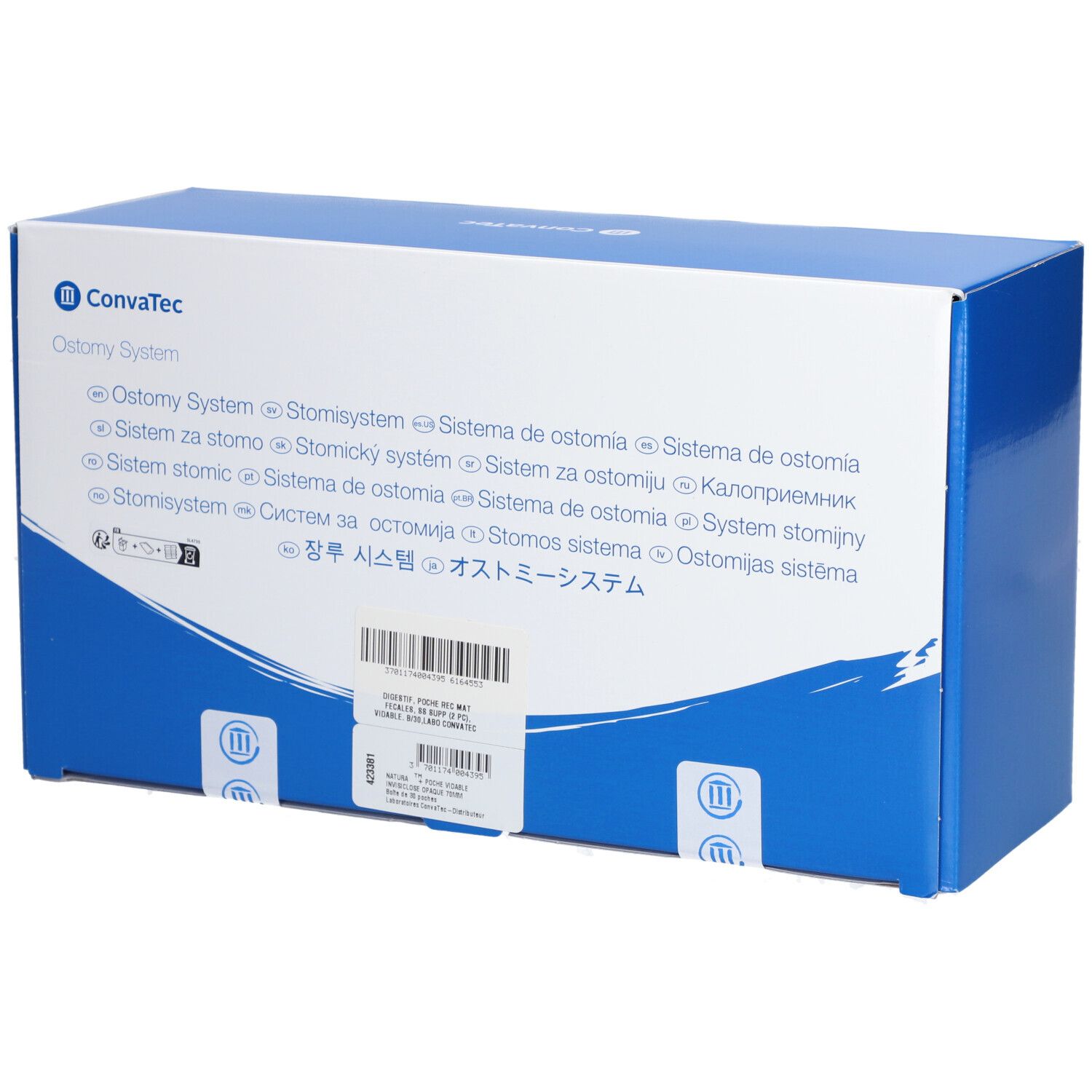 Emballage bleu et blanc. Inscription : Convatec, Ostomy System. Désignations multilingues du produit. Code-barres et sceaux.