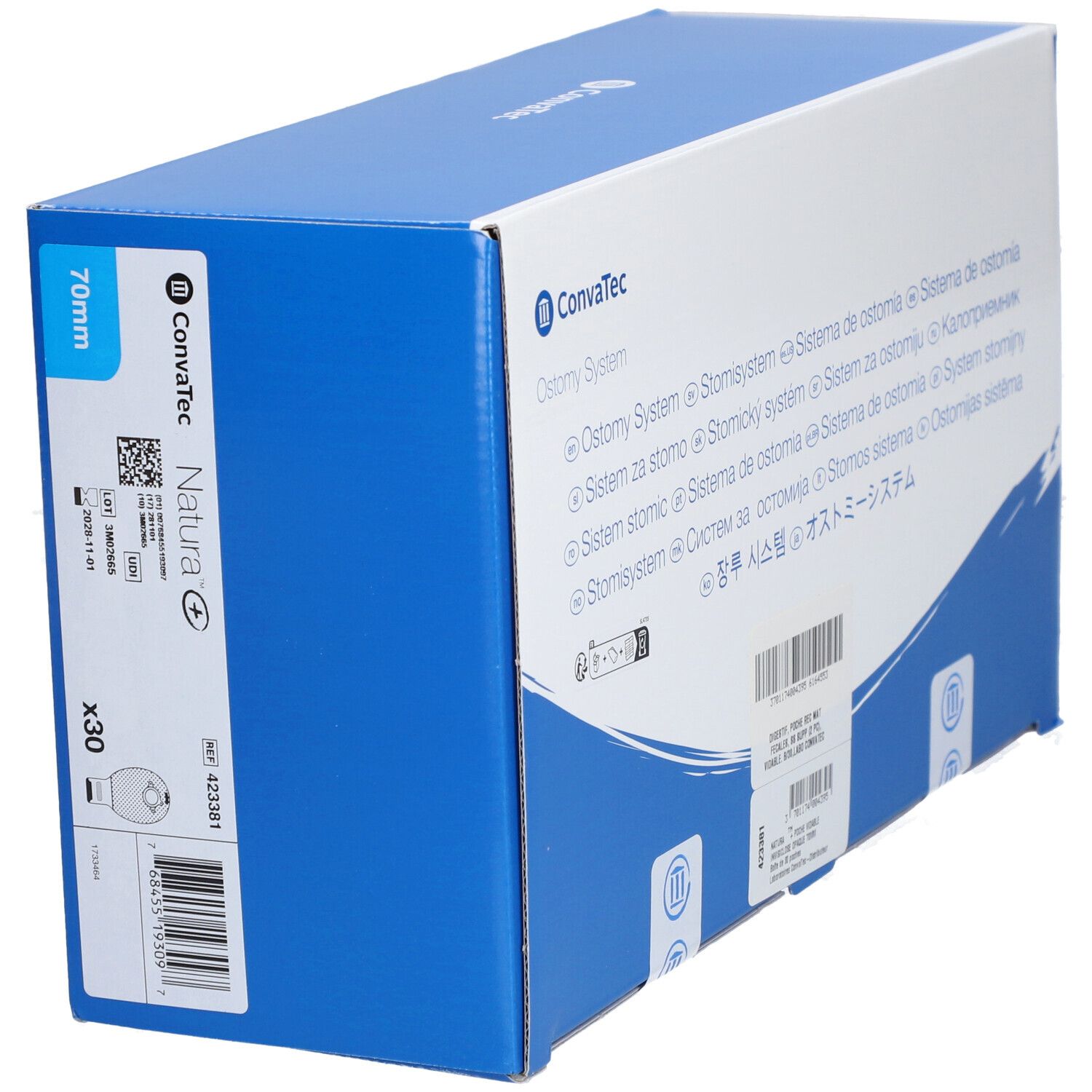 Emballage bleu et blanc. Inscription : Convatec, Natura, 70mm. Informations sur le produit et code-barres. X30.