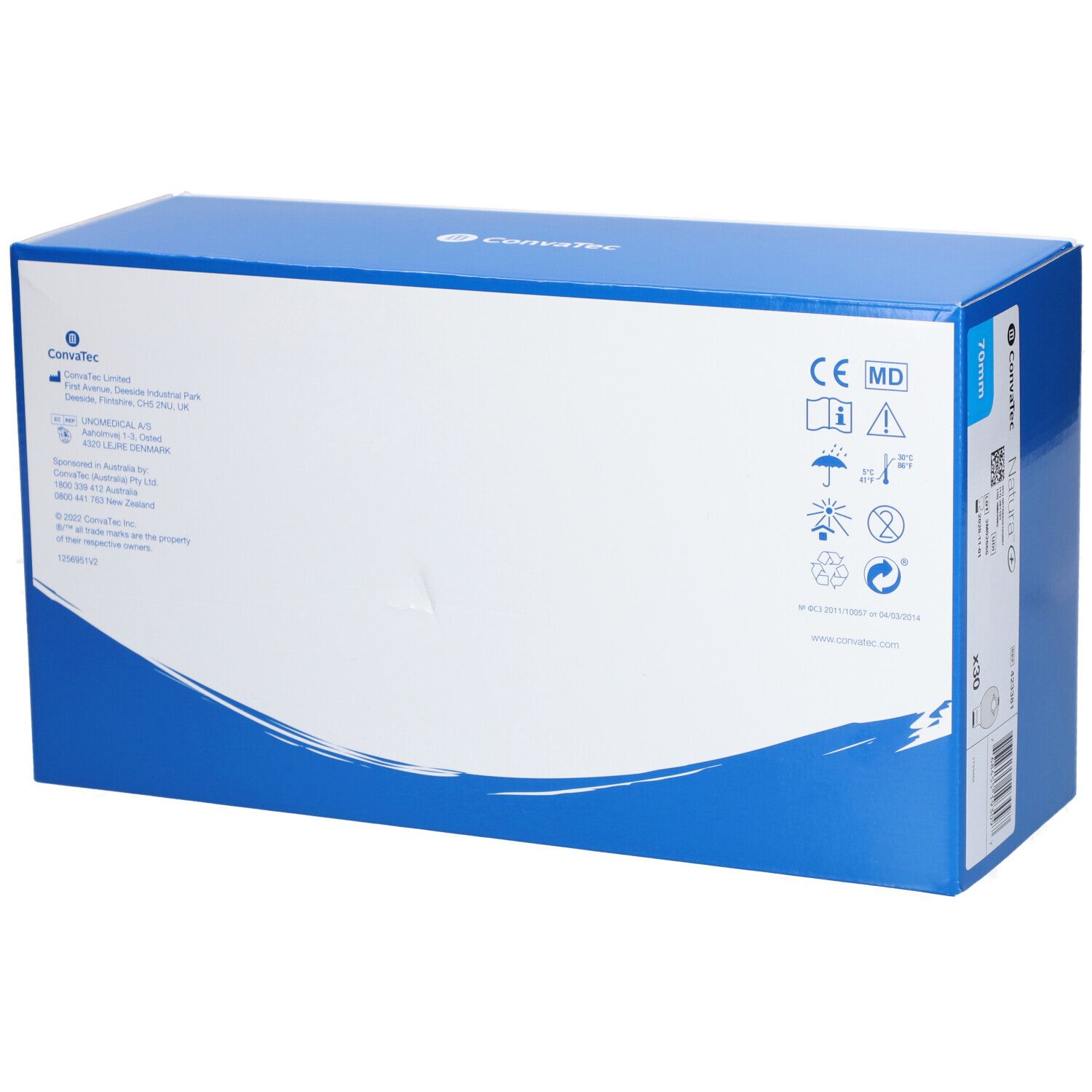Emballage bleu et blanc. Inscription : Convatec. Marquage CE et pictogrammes. Informations sur le produit.