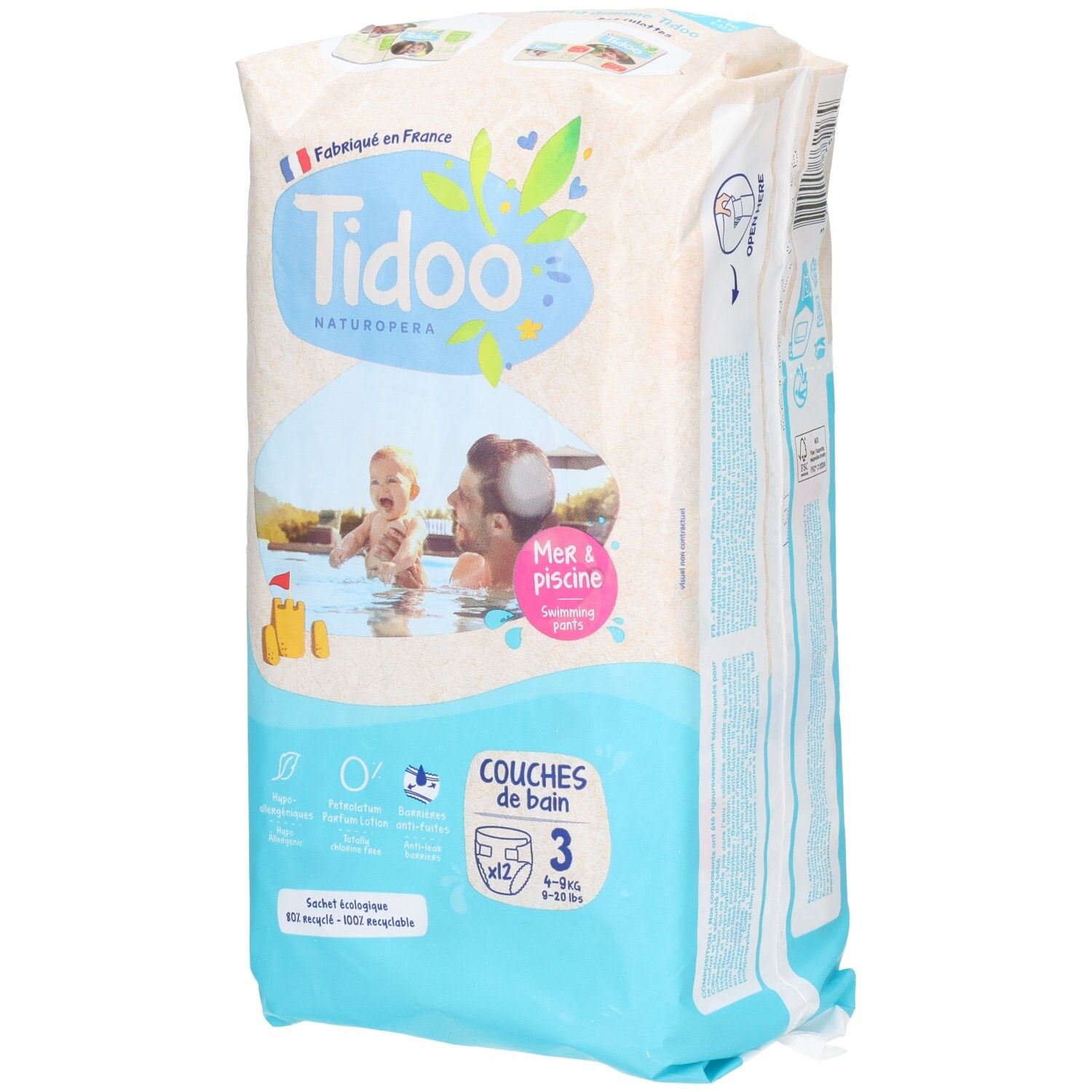 Tidoo Couches de bain Taille 3, lot de 12, paquet vu de côté.