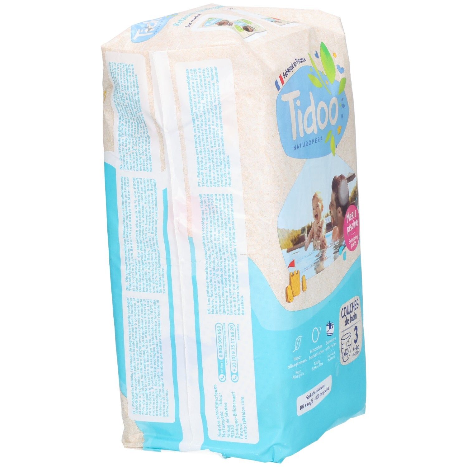 Tidoo Couches de bain Taille 3, lot de 12, paquet vu de côté.