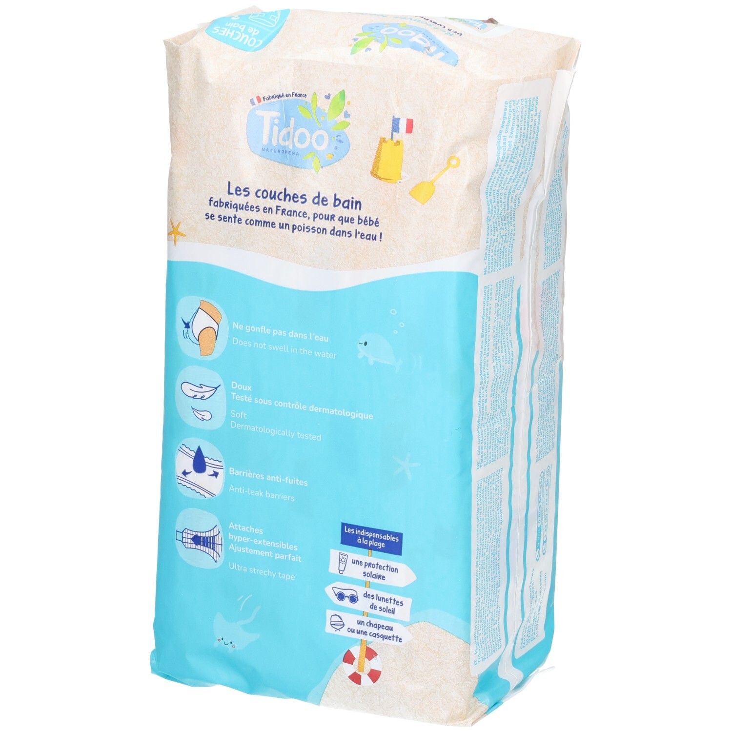 Tidoo Couches de bain Taille 3, lot de 12, verso du paquet.