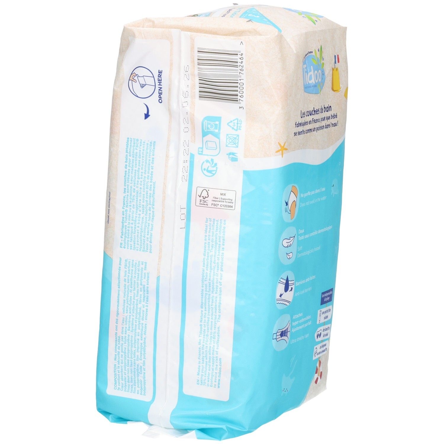 Tidoo Couches de bain Taille 3, lot de 12, paquet vu de côté.