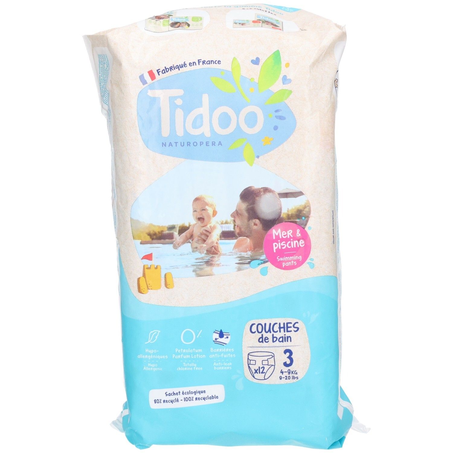 Tidoo Couches de bain Taille 3, lot de 12, paquet vu de côté.