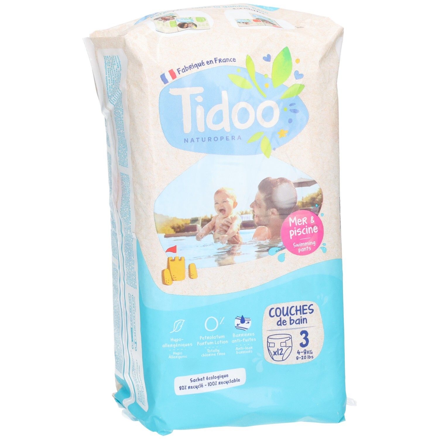 Tidoo Couches de bain Taille 3, lot de 12, paquet vu de côté.
