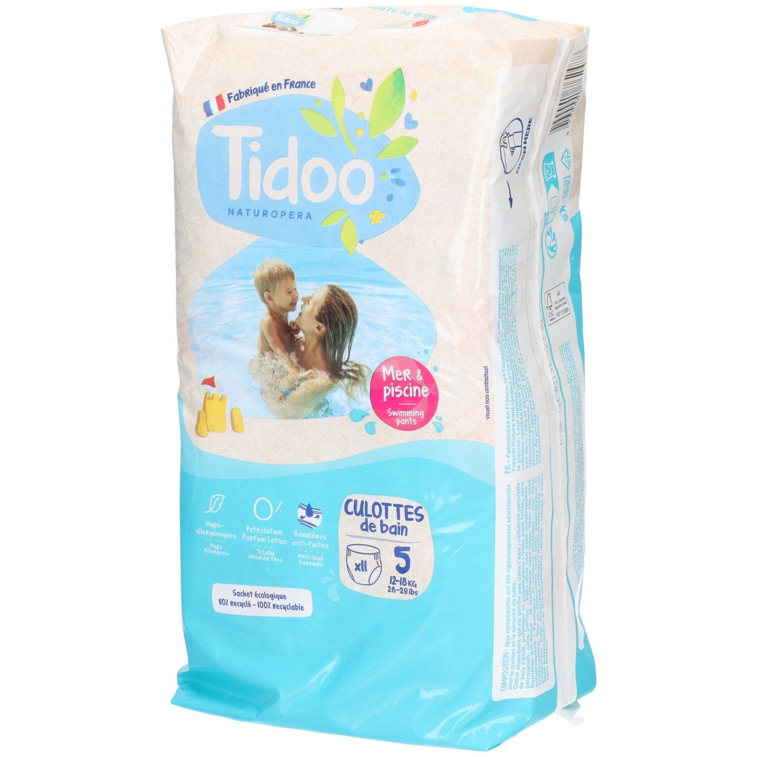 Culottes de bain Tidoo Taille 5, 12 pièces. Emballage avec illustration.