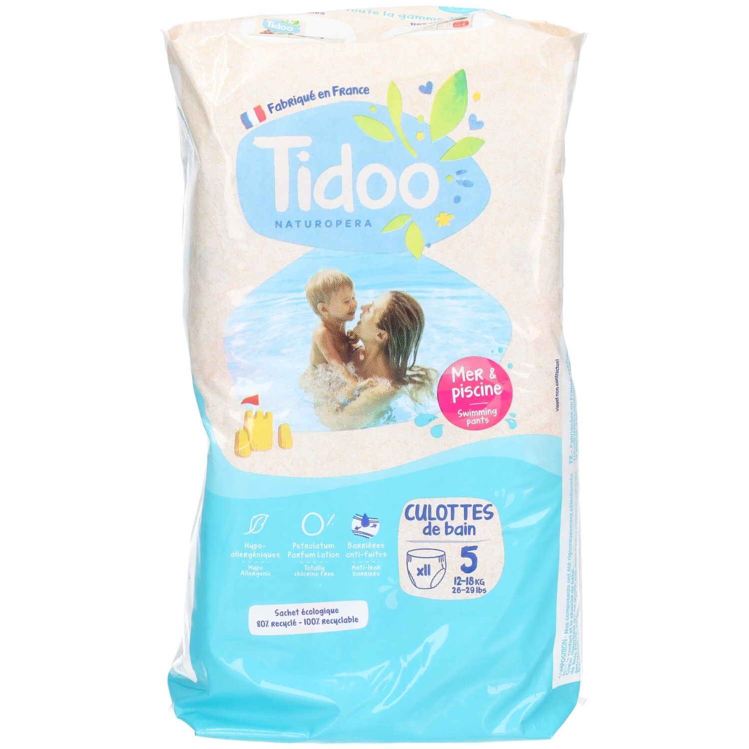 Culottes de bain Tidoo Taille 5, 12 pièces. Façade de l'emballage.