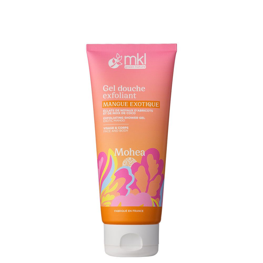 Tube de gel douche exfoliant, dégradé rose-orange. Inscription: Gel douche exfoliant, Mangue exotique. Logo mkl.