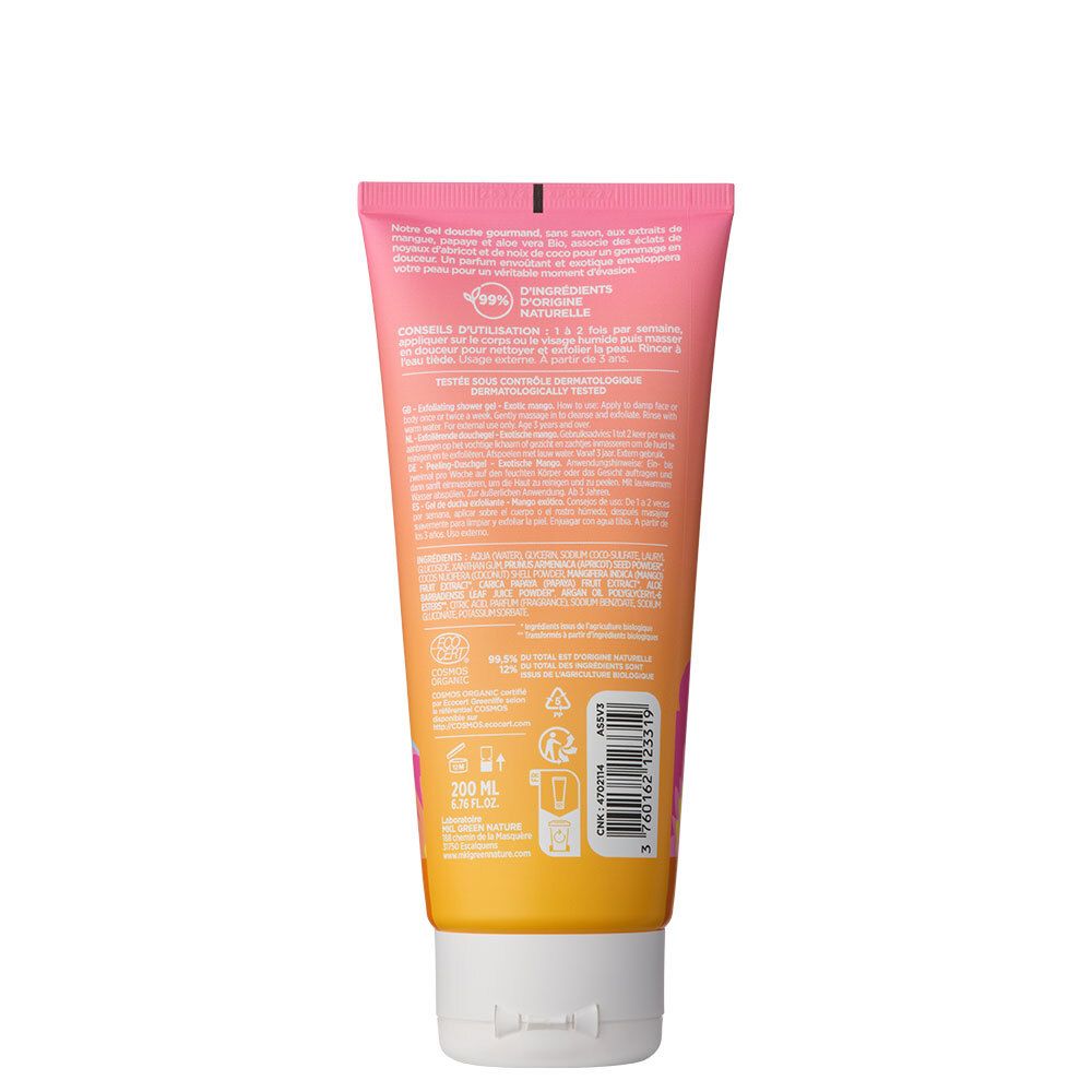 Dos du tube. Texte: ingrédients, conseils d'utilisation. Logo: certification bio. Volume: 200 ml.