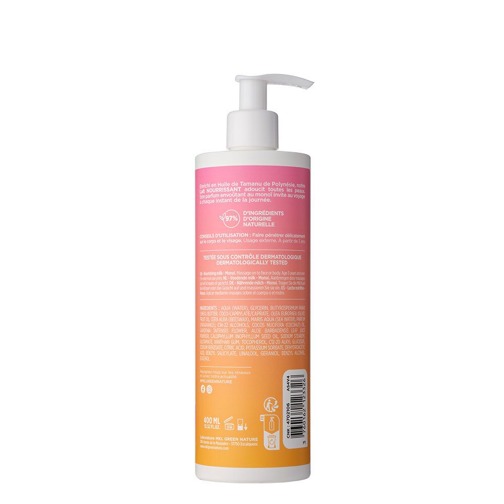 Dos du flacon. Texte : ingrédients, 98% ingrédients naturels. Testé dermatologiquement. Avec code-barres.