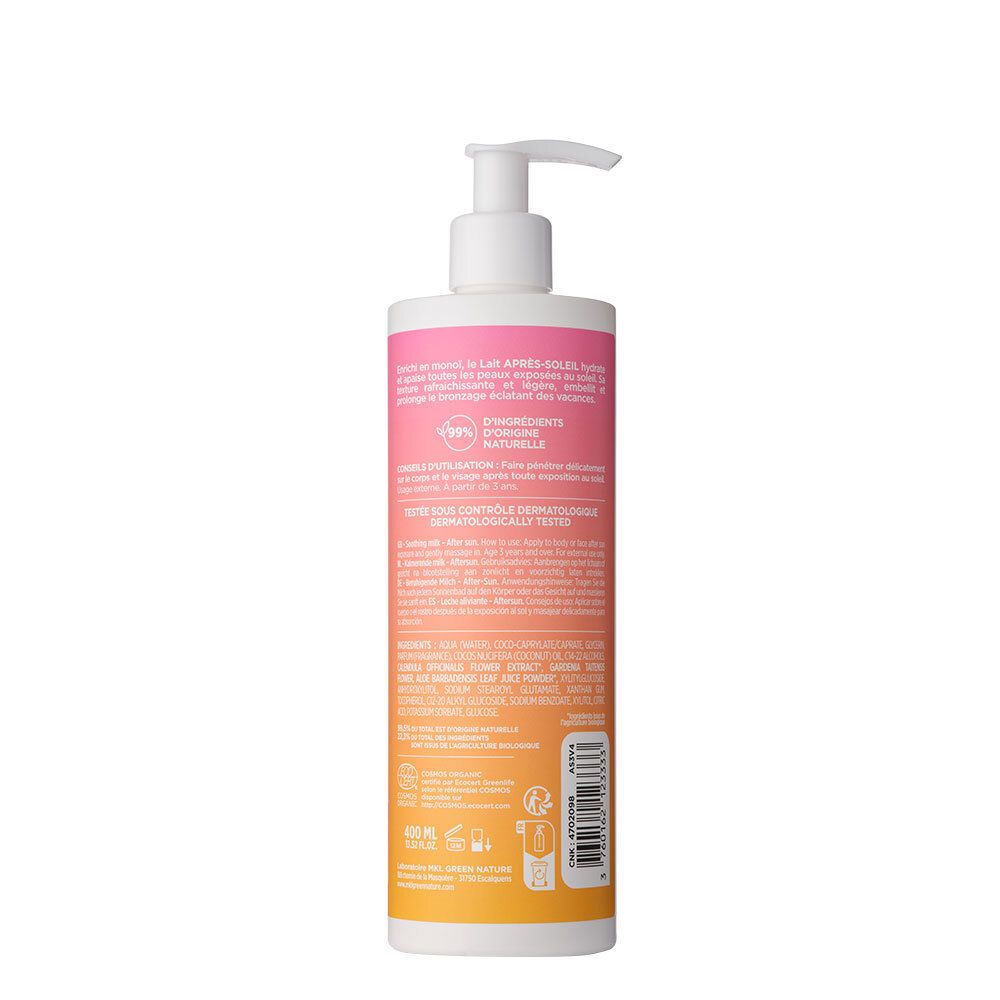 Dos du flacon MKL Lait Apaisant. Texte et logos. 100% ingrédients d'origine naturelle. Testé dermatologiquement.